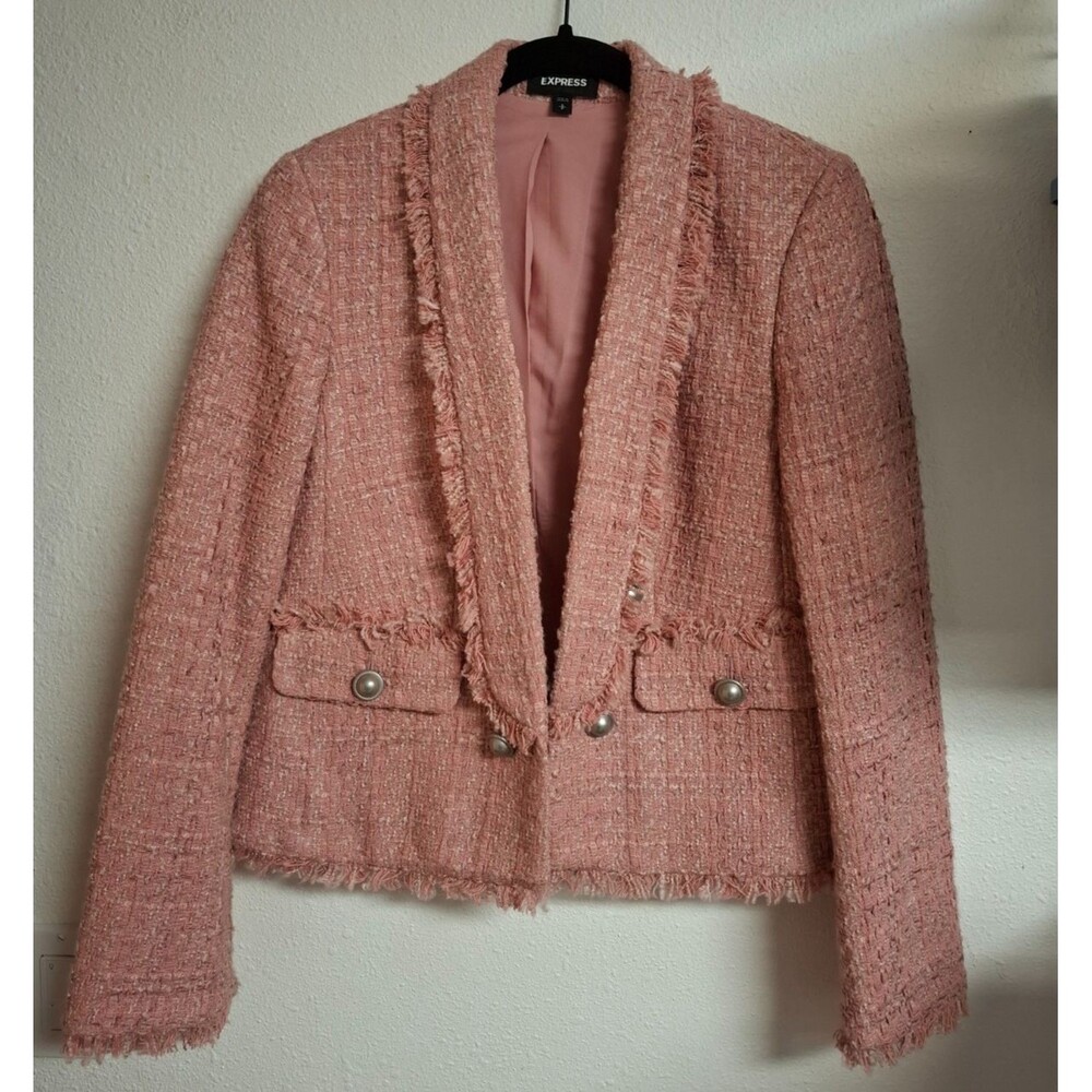 Women s EXPRESS Pink Open Front Boucle Tweed Fringe Dress Jacket Blazer Small